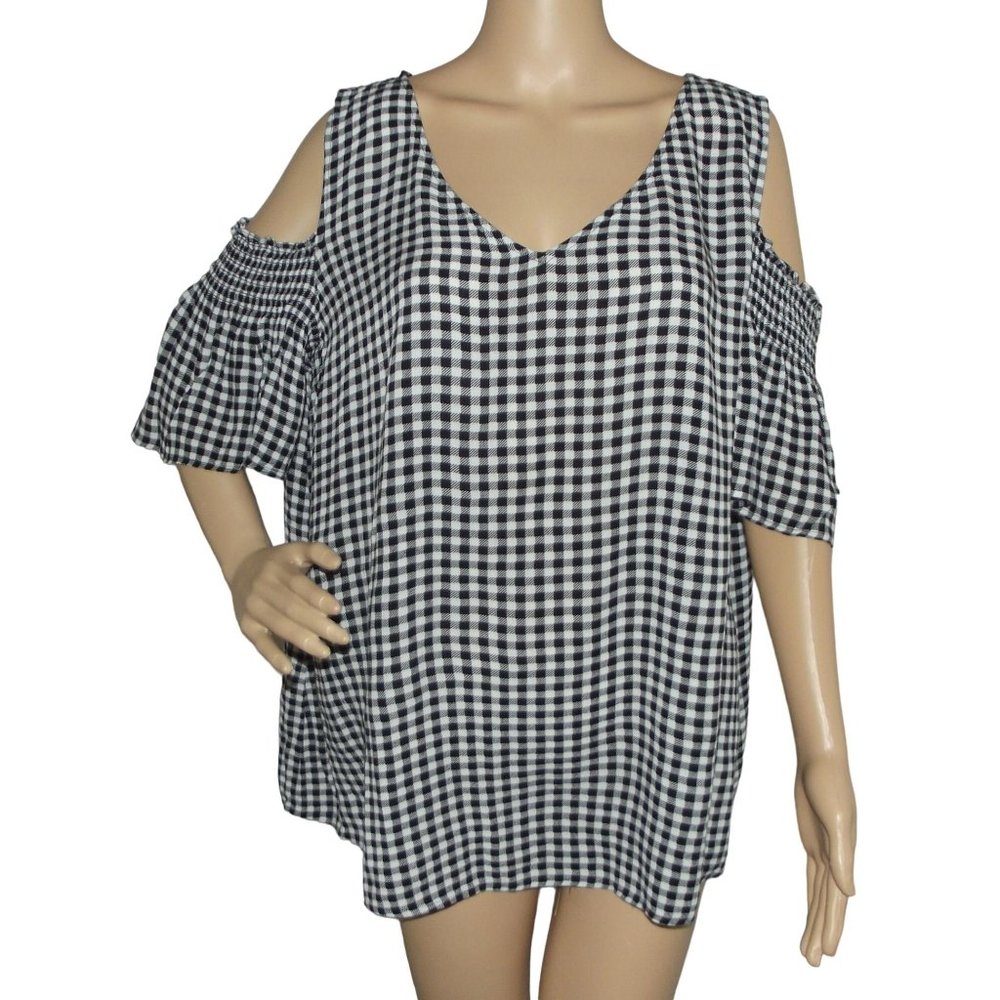 a.n.a XLT tall Blouse Cold Shoulder Black White Gingham texture Blouse top shirt